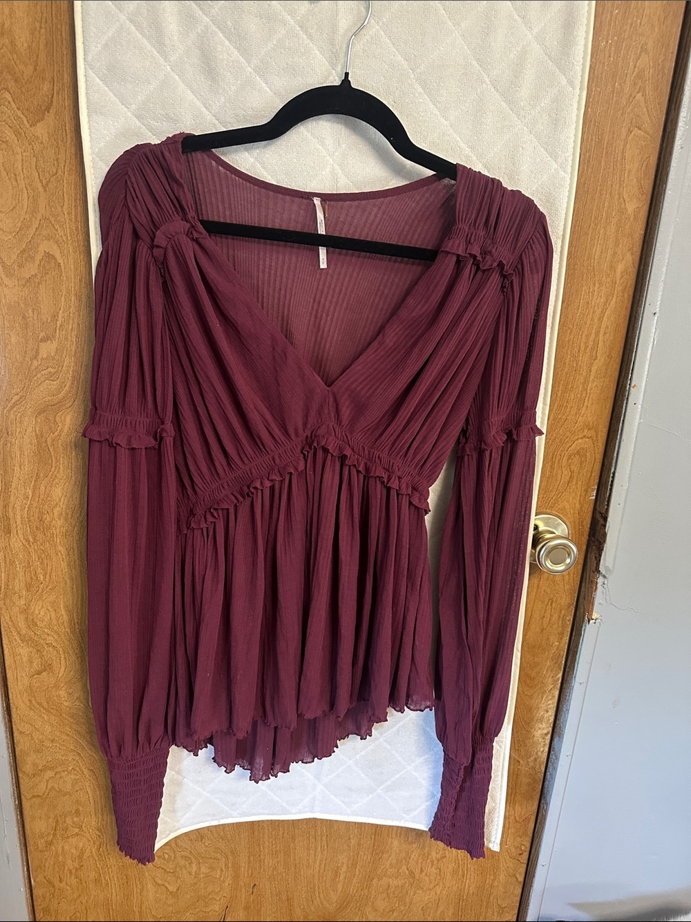 Free People Plum V-Neck Pleated Long Sleeve Blouse